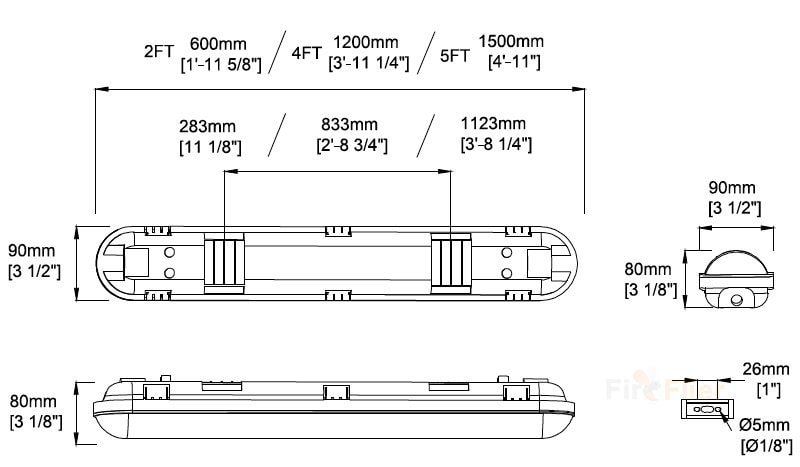 LED Vapor Tight fixture dimension